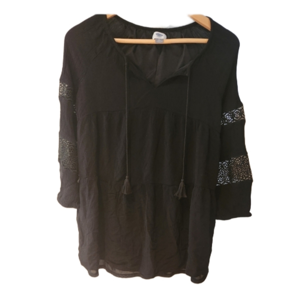 Black Boho Tunic Shirt with Lace Details Rayon Small